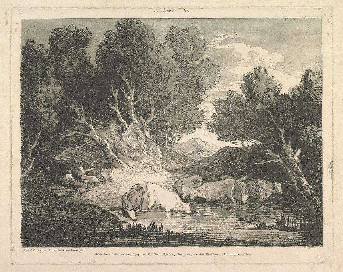 Wooded Landscape with Figures and Cows at a Watering Place (The Watering Place), Thomas Gainsborough (British, Sudbury 1727–1788 London), Soft-ground etching with aquatint; second state of two 