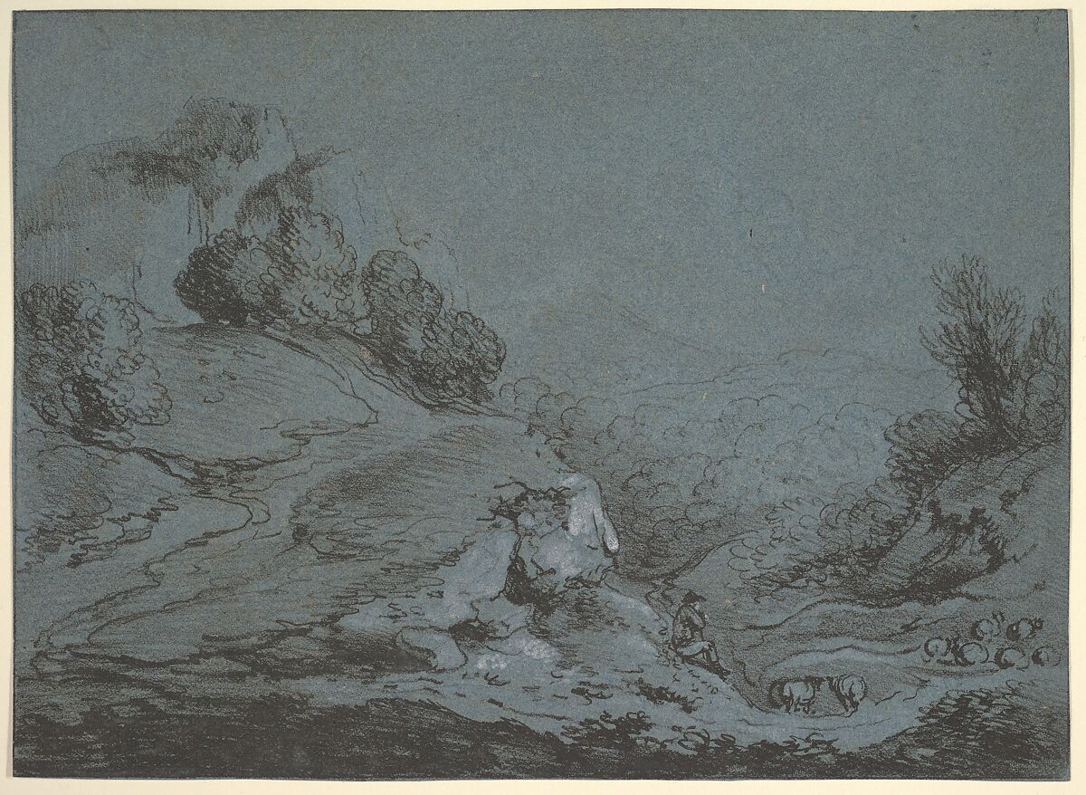 Landscape, After Thomas Gainsborough (British, Sudbury 1727–1788 London), Soft-ground etching on blue paper with touches of white chalk 