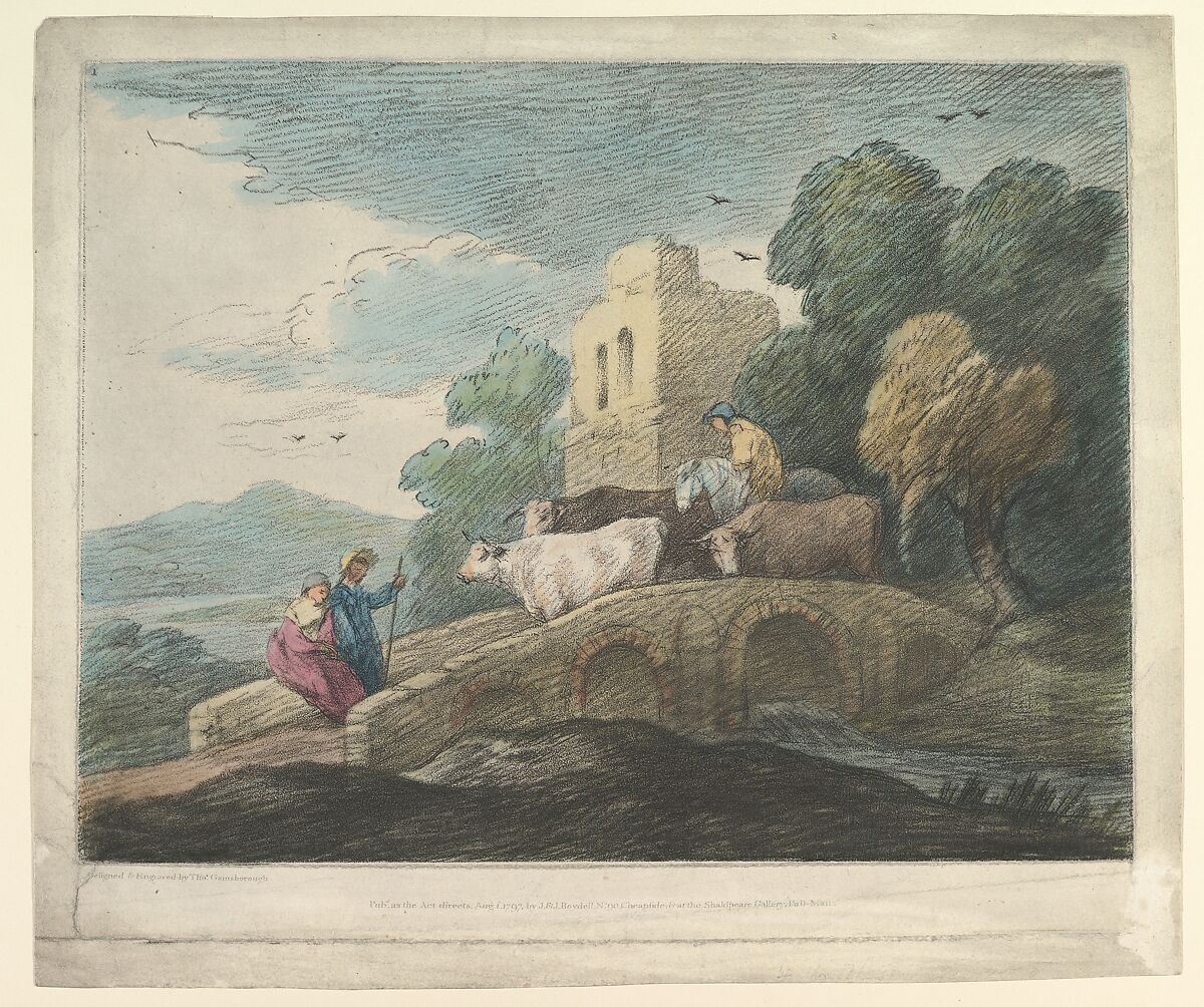 Wooded Landscape with Herdsmen Driving Cattle over a Bridge, Rustic Lovers and Ruined Castle, Thomas Gainsborough (British, Sudbury 1727–1788 London), Soft-ground etching and aquatint, hand-colored; third state of three 