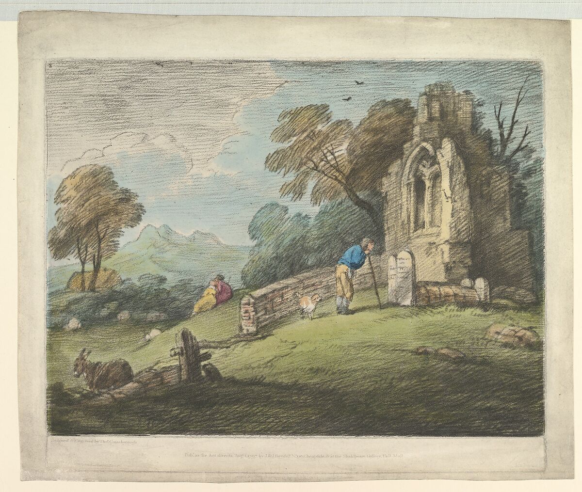 Wooded Landscape with Peasant Reading Tombstone, Rustic Lovers and Ruined Church, Thomas Gainsborough (British, Sudbury 1727–1788 London), Soft-ground etching and aquatint, hand-colored; fourth state of four 