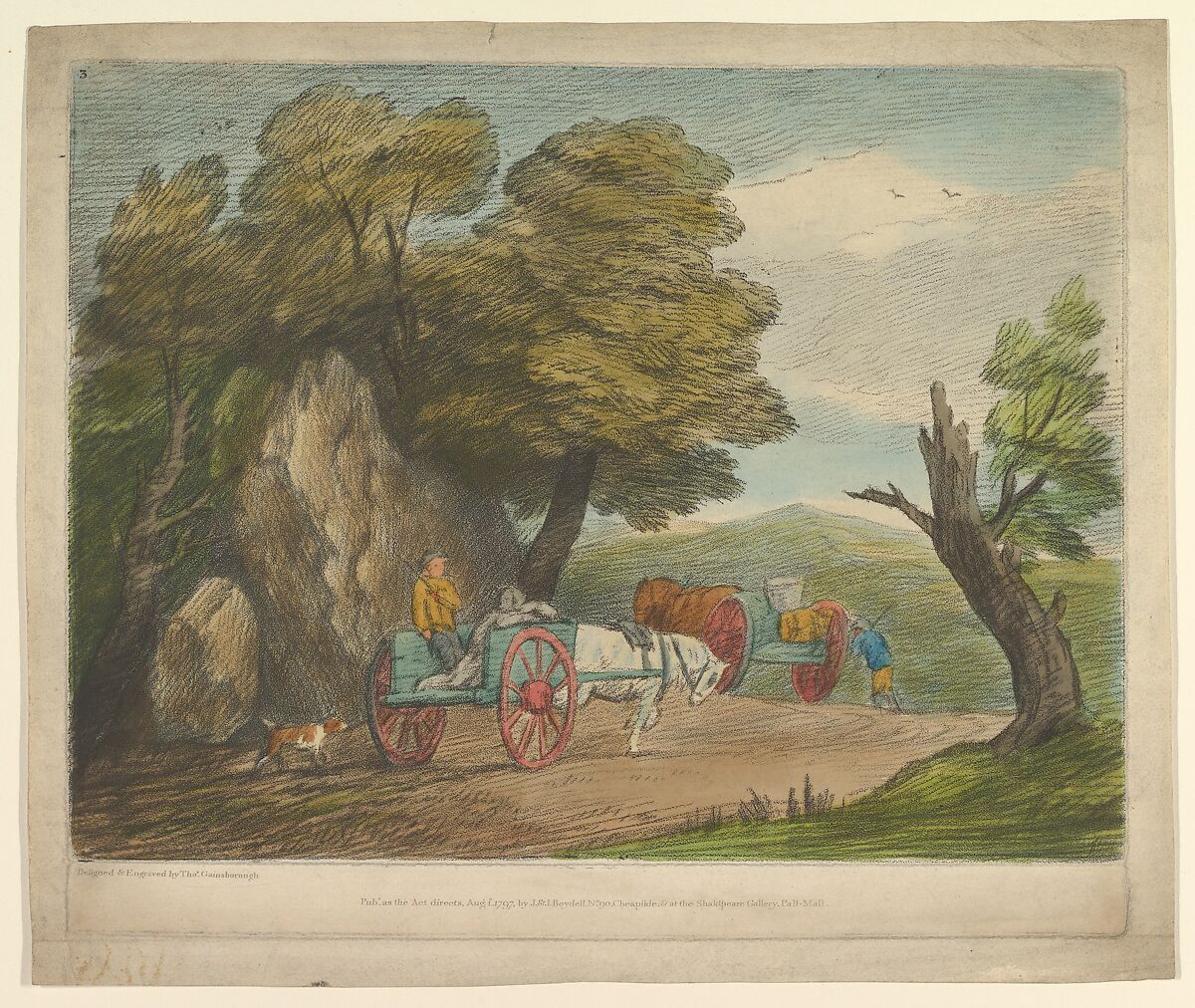 Wooded Landscape with Two Country Carts and Figures, Thomas Gainsborough (British, Sudbury 1727–1788 London), Soft-ground etching and aquatint, hand-colored; second state of two 