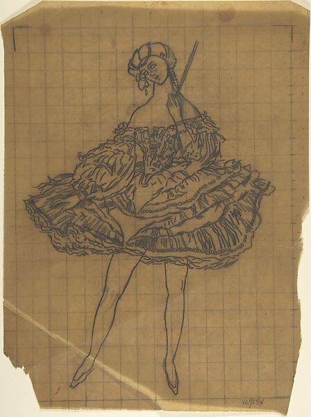 Russian female dancer costume for "La Fée des Poupées", Léon Bakst (Russian, Grodno 1866–1924 Paris), Graphite on tracing paper; squared 