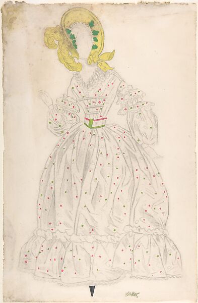 Woman wearing a yellow bonnet and polka-dot dress, Léon Bakst (Russian, Grodno 1866–1924 Paris), Graphite, brush and watercolor and bodycolor 