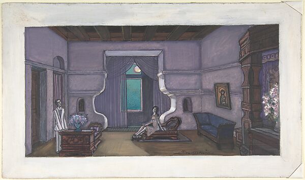 Stage design for Nikita Balieff's theatrical company called Chauvre-Souris, New York City, Sergey Sudeykin (Russian, Smolensk 1882–1946 Nyack), traces of graphite, gouache, framing lines, heightened with white, on brown card paper 