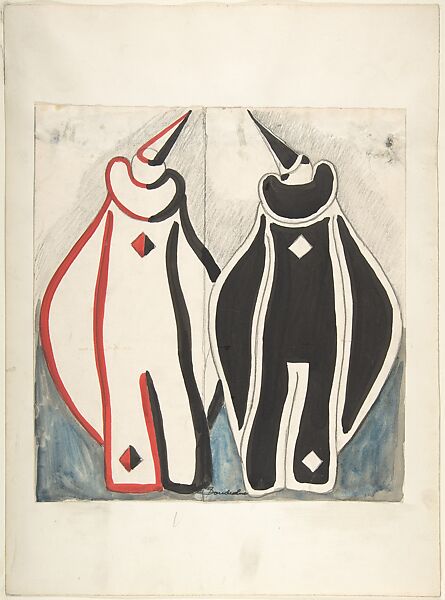 Two clown costumes, red and black, Sergey Sudeykin (Russian, Smolensk 1882–1946 Nyack), graphite, red and black marker, blue and gray wash, mounted 