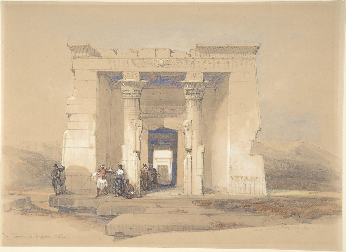 The Temple at Dendur, Nubia, David Roberts (British, Stockbridge, Scotland 1796–1864 London), Watercolor and gouache (bodycolor) over graphite on beige wove paper 