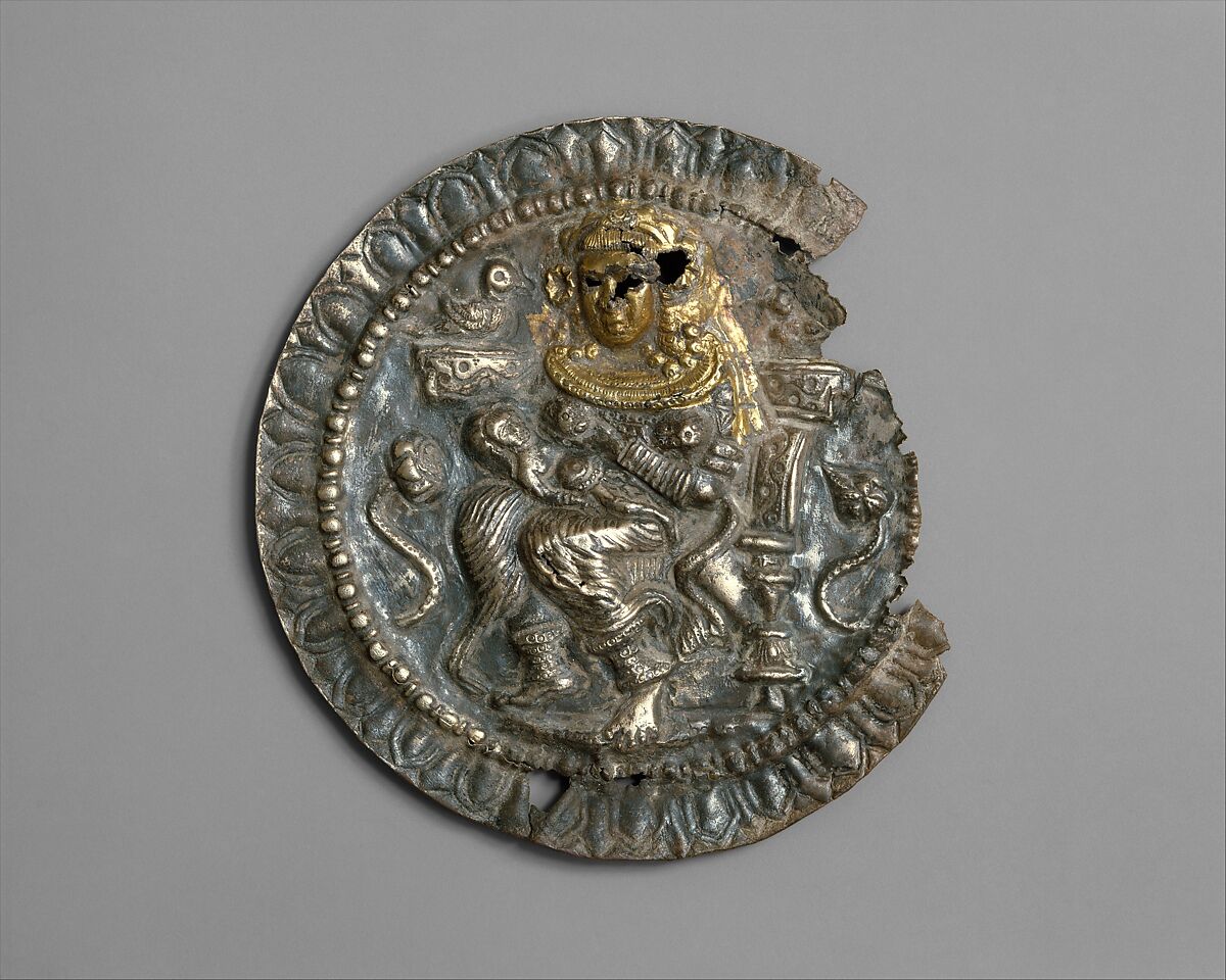 Rondel with the Goddess Hariti, Silver with gold foil, Pakistan (ancient region of Gandhara) 