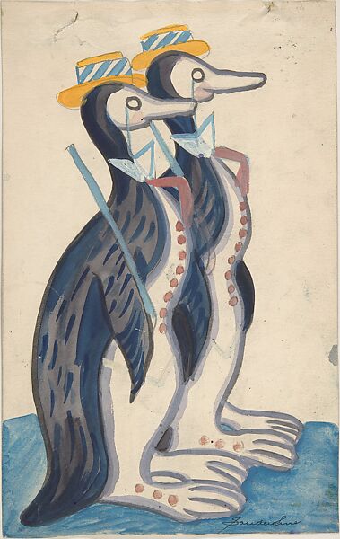 Two penguins, Sergey Sudeykin (Russian, Smolensk 1882–1946 Nyack), Graphite, gouache, watercolor; traces of framing lines in graphite 