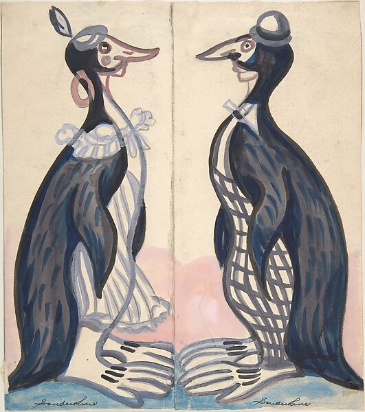 Two penguins , male and female, Sergey Sudeykin (Russian, Smolensk 1882–1946 Nyack), graphite, brush and black ink, gouache, watercolor, modern mount 