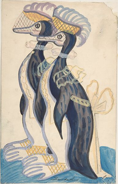 Two female penguins, Sergey Sudeykin (Russian, Smolensk 1882–1946 Nyack), graphite, gouache, watercolor, , traces of graphite framing lines, mounted 