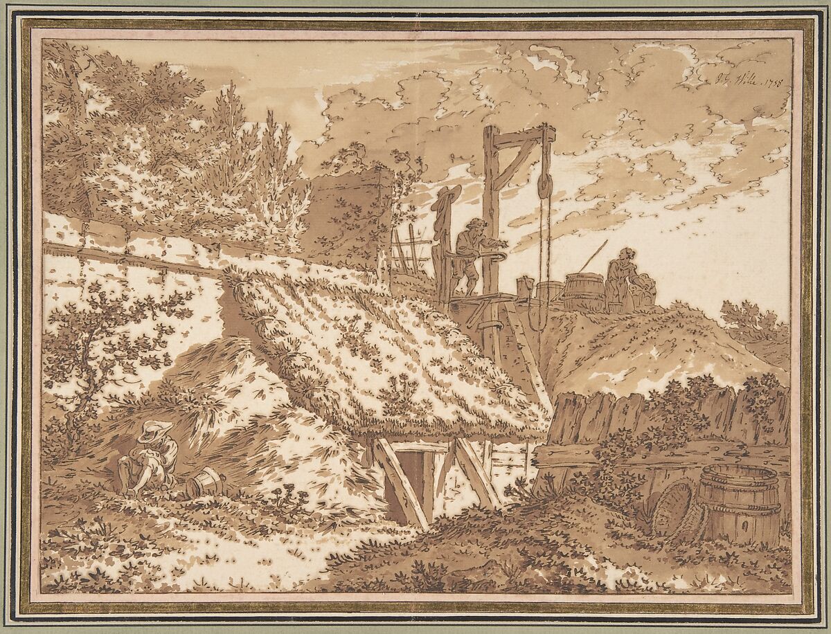 Peasants Around a Well, Johann Georg Wille (German (active France), Köningsberg 1715–1808 Paris), Pen and brown ink with brown wash; framing line in pen and brown ink 