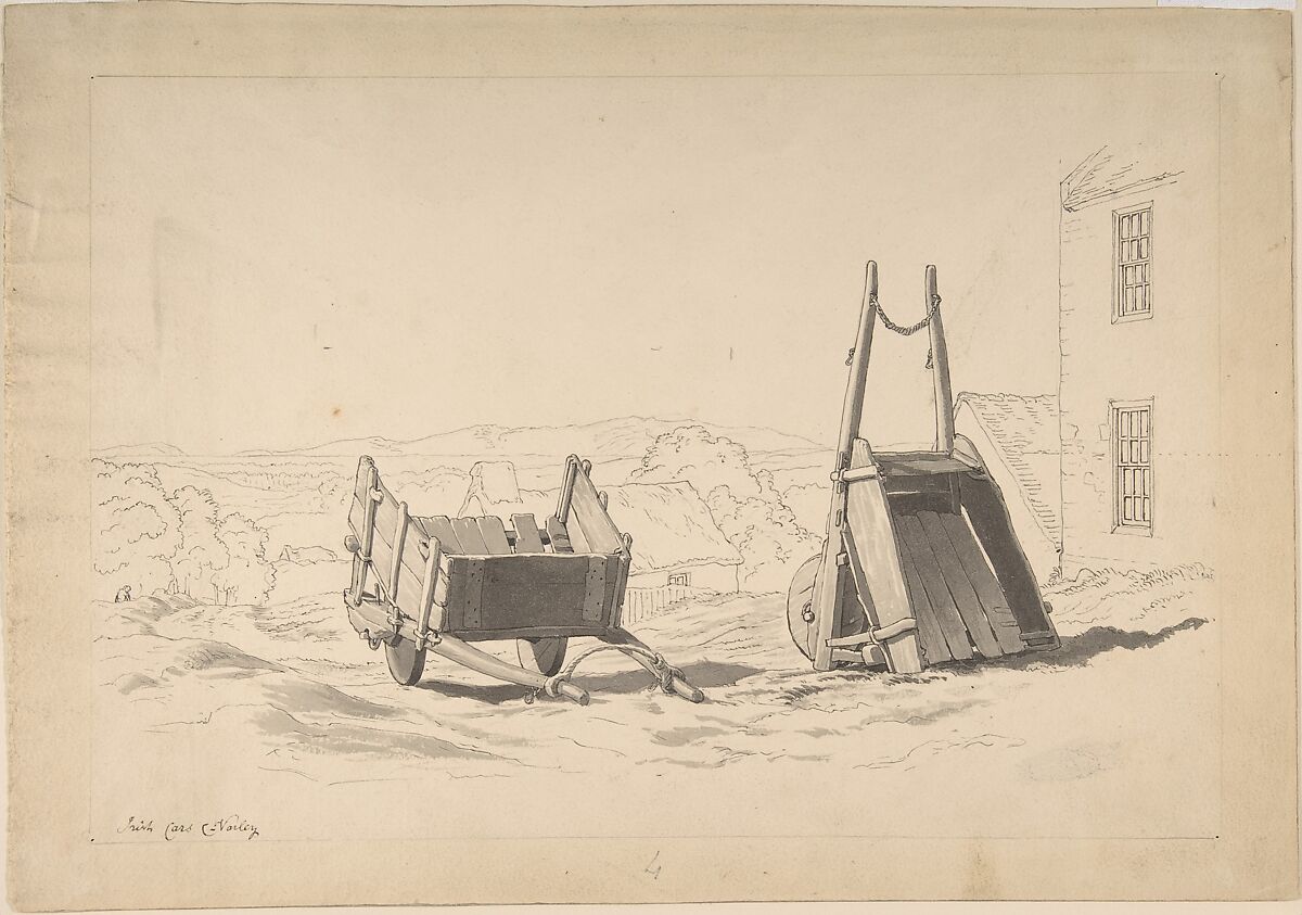 Irish Cars (Study of Two Carts in a Landscape), Cornelius Varley (British, London 1781–1873 London), Pen and black ink, brush and gray wash, over graphite 