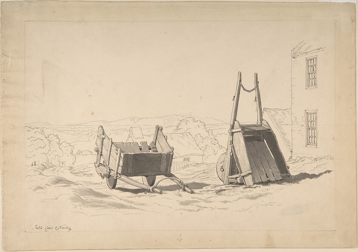 Irish cars (Study of two carts in a landscape), Cornelius Varley (British, London 1781–1873 London), Pen and black ink, brush and gray wash, over graphite 