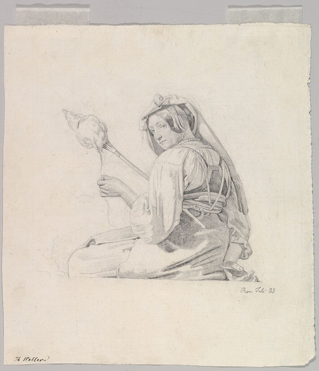A Seated Woman in Roman Dress, Spinning, Theodor Leopold Weller (German, Mannheim 1802–1880 Mannheim), Graphite 