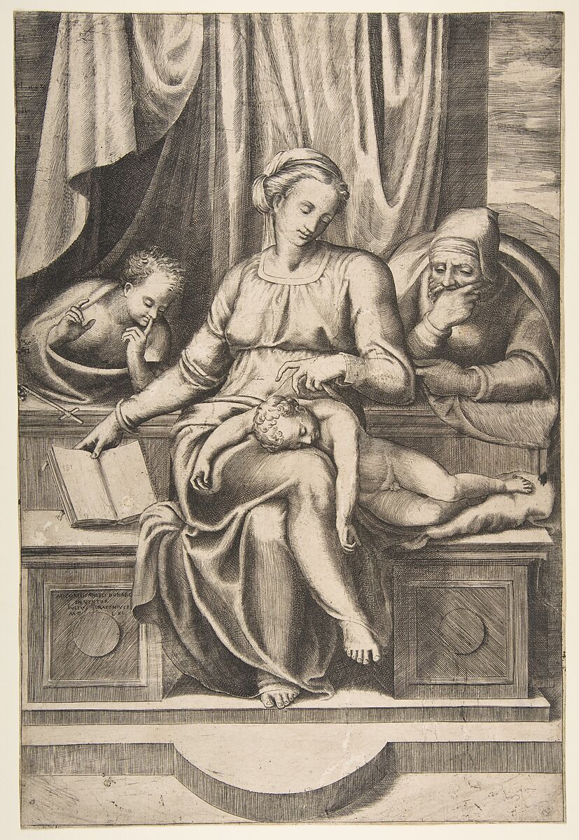 Virgin and Child with Saints Joseph and John the Baptist (after Michelangelo's Madonna del Silenzio), Giulio Bonasone (Italian, active Rome and Bologna, 1531–after 1576), Engraving and etching 