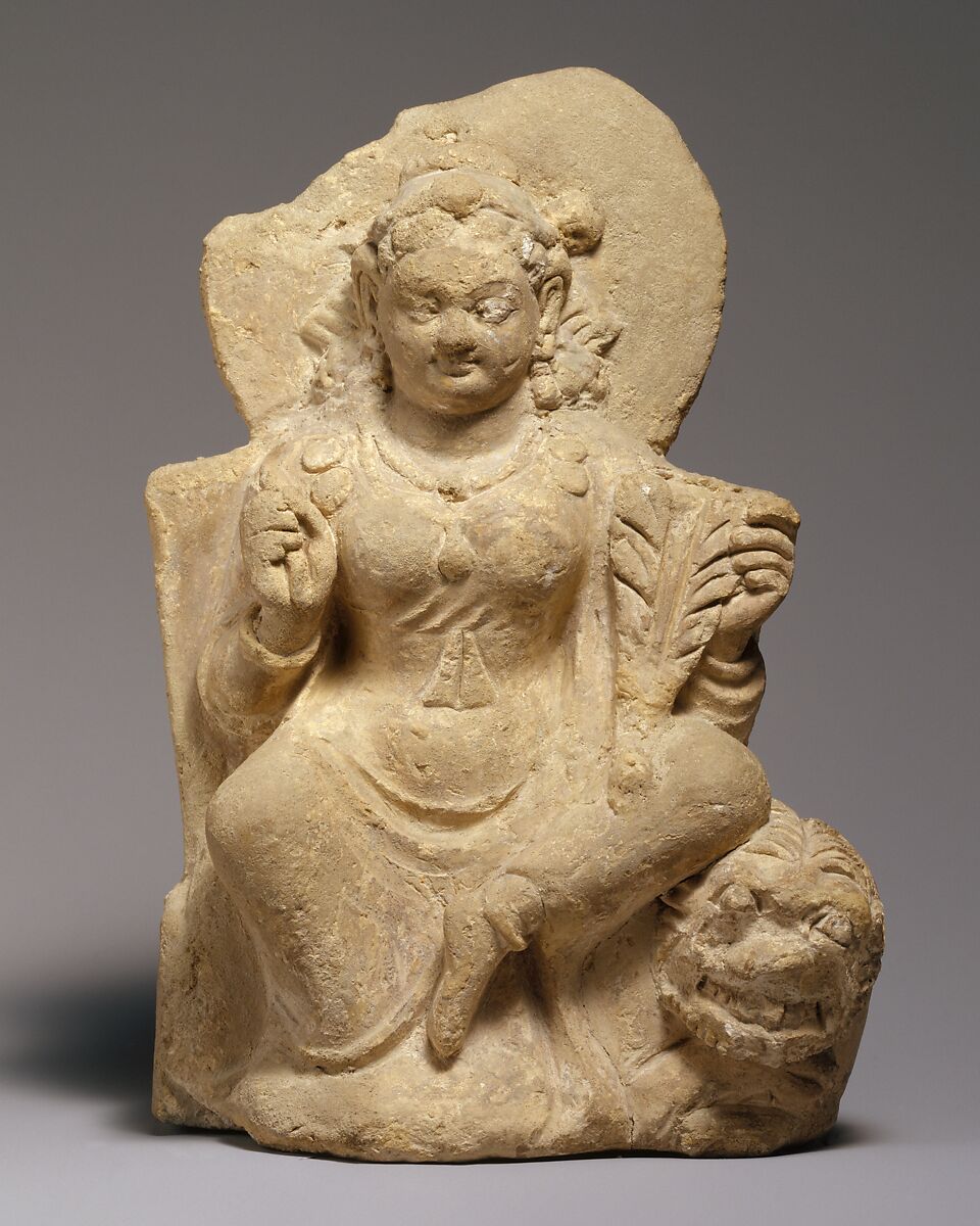 Goddess, Possibly Nana, Seated on a Lion, Stucco, Afghanistan 
