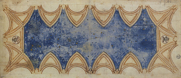 Contractual Drawing: Design of the Sistine Ceiling Before Michelangelo (recto); Contractual Inscription (verso), Piermatteo D&#39;Amelia (Piermatteo Lauro de&#39; Manfredi) (Italian, Amelia ca. 1445–ca. 1503), Pen and brown ink, brush and brown wash, over leadpoint and stylus compass ruling; with blue and yellow gouache (recto); pen and brown ink (verso) 