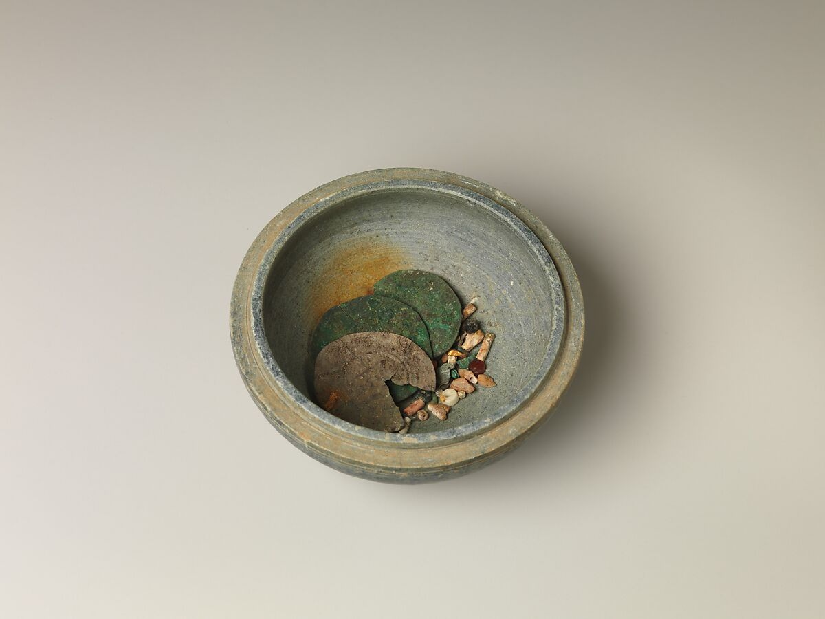 Reliquary with Contents, Schist with objects of copper, gold, pearl, shell, glass, stone and coral, Pakistan (ancient region of Gandhara)