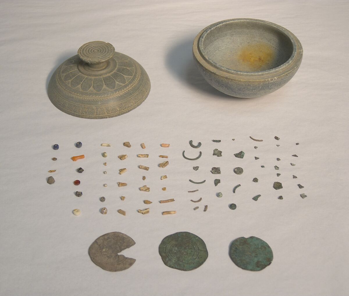 Reliquary with Contents, Schist with objects of copper, gold, pearl, shell, glass, stone and coral, Pakistan (ancient region of Gandhara)