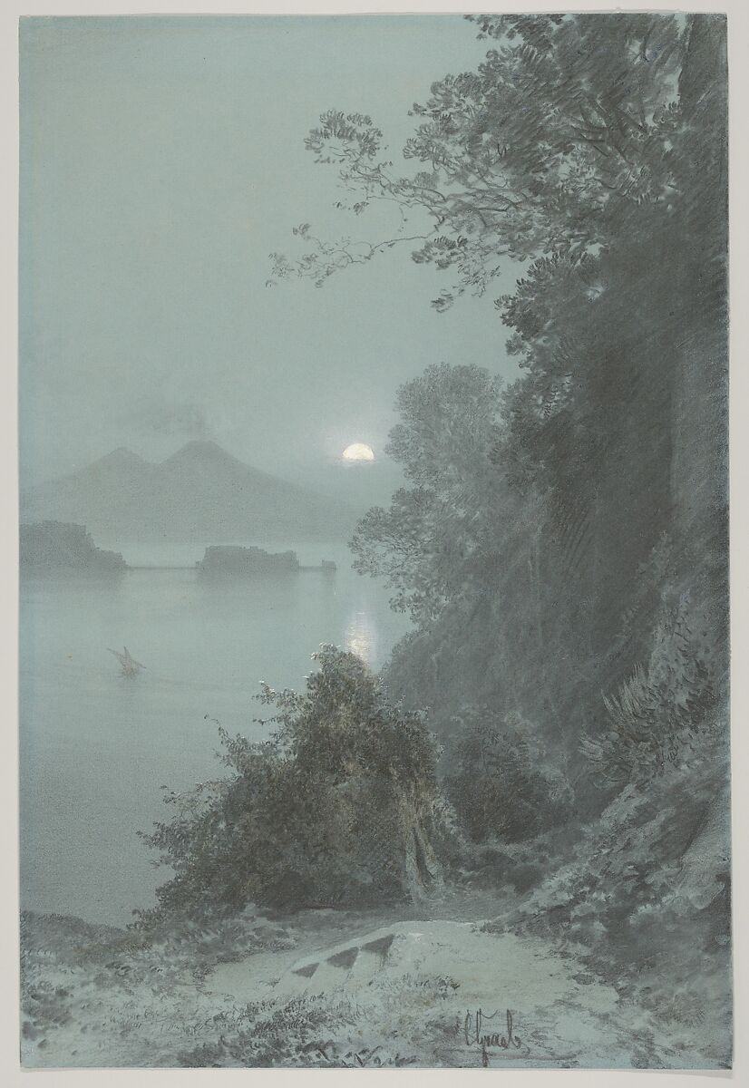 Virgil's Tomb with a View of the Bay of Naples in the Moonlight, Carl Georg Anton Graeb (German, Berlin 1816–1884 Berlin), Graphite, white gouache, and pen and brown ink (?) 