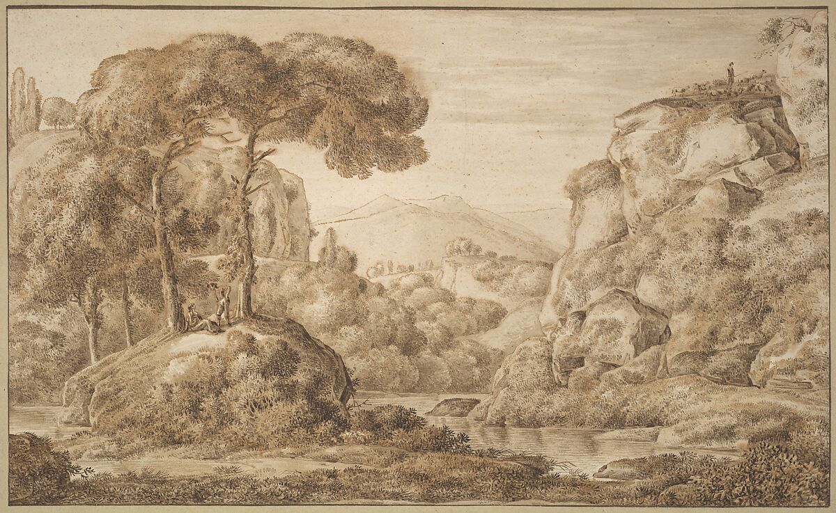 Classical Landscape with Figures, Franz Kobell (German, Mannheim 1749–1822 Munich), Pen and brush and two tints of brown ink, brush and brown wash; framing lines in pen and brown ink 