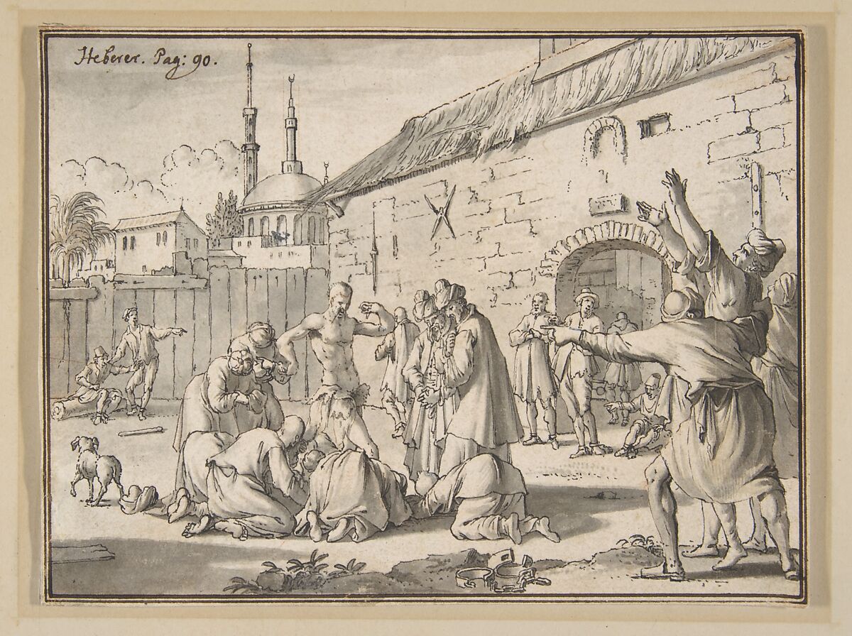 An Islamic Prophet Appearing in the Courtyard of a Prison in Alexandria, Jan Goeree (Dutch, Middelburg 1670–1731 Amsterdam), Pen and black ink, brush and gray wash, over a sketch in red chalk, incised for transfer; double framing lines in pen and brown ink, probably by the artist 