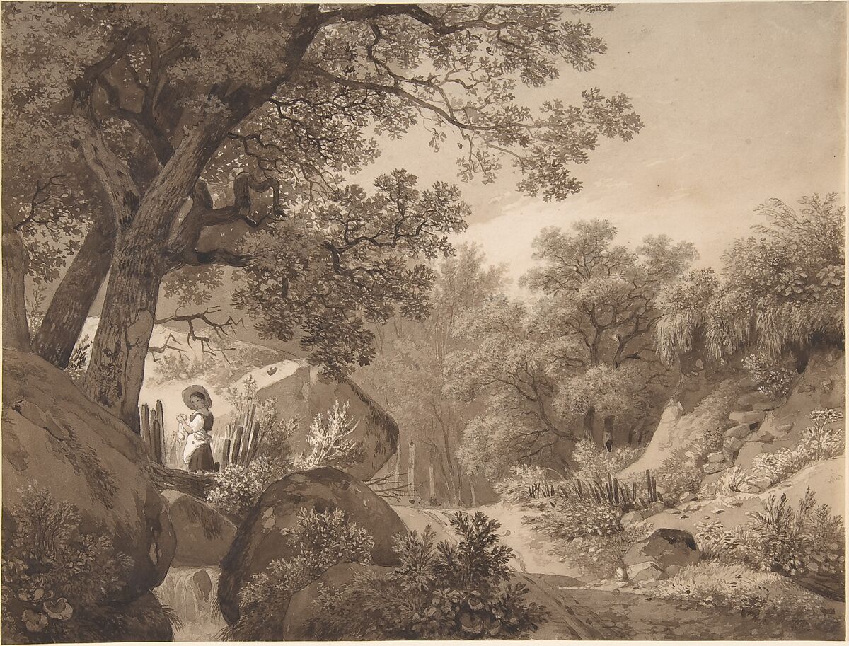 Landscape with a Young Girl at a Waterfall, Wolfgang Adam Töpffer (Swiss, Geneva 1766–1847 Morillon), Brush and brown ink, over a sketch in black chalk 