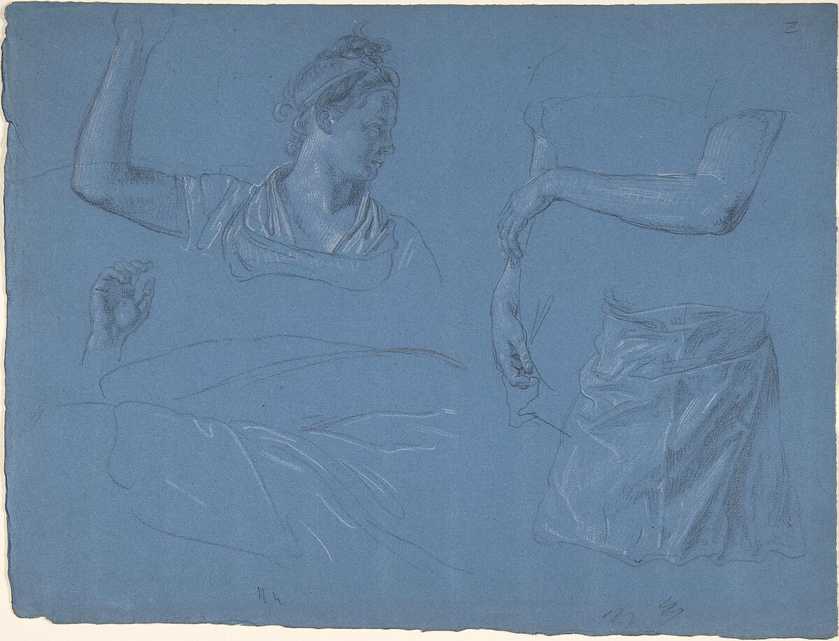 Studies of a woman, her hands and arms and drapery, Wolfgang Adam Töpffer  Swiss, Graphite, some red chalk, heightened with white chalk, on blue paper