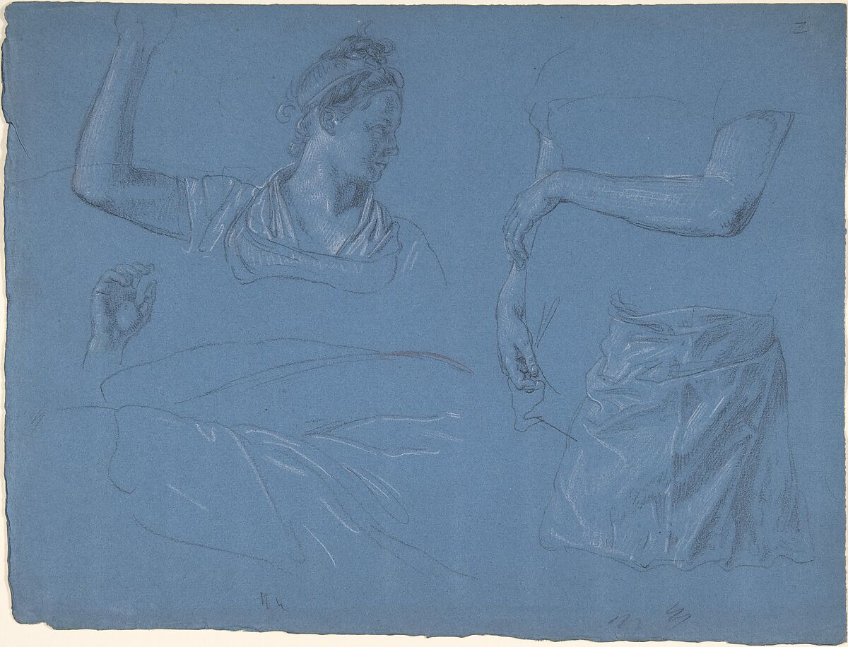 Studies of a woman, her hands and arms and drapery, Wolfgang Adam Töpffer (Swiss, Geneva 1766–1847 Morillon), Graphite, some red chalk, heightened with white chalk, on blue paper 