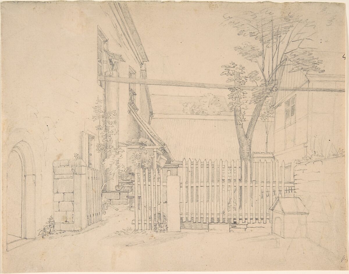 View of a Courtyard in Loschwitz (?), August Heinrich (German, Dresden 1794–1822 Innsbruck), Graphite 