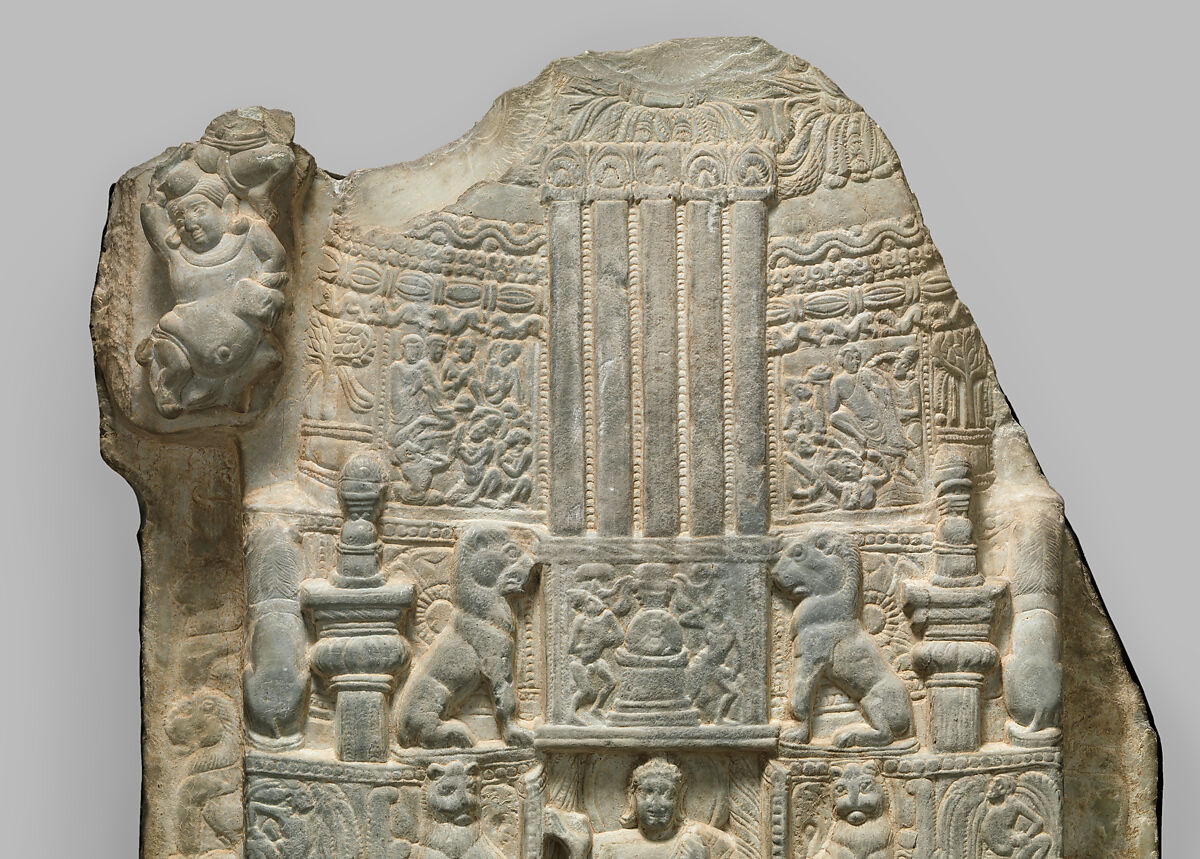 Drum panel depicting a stupa with the Buddha’s descent from Trayastrimsa Heaven, Limestone, India, Nagarjunakonda Stupa Site 6, Guntur district, Andhra Pradesh