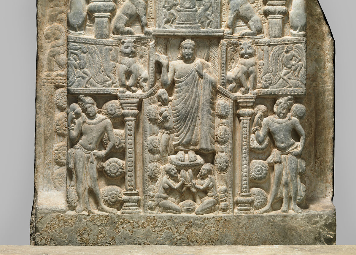 Drum panel depicting a stupa with the Buddha’s descent from Trayastrimsa Heaven, Limestone, India, Nagarjunakonda Stupa Site 6, Guntur district, Andhra Pradesh