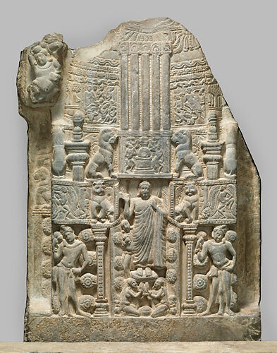 Drum panel depicting a stupa with the Buddha’s descent from Trayastrimsa Heaven