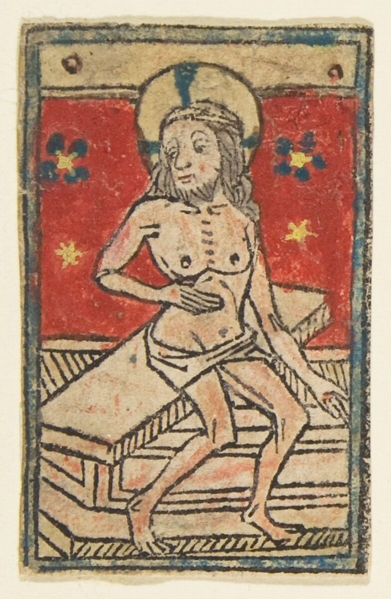Seated Man of Sorrows (Schr. 910), Anonymous, German, 15th century, Woodcut, hand-colored 