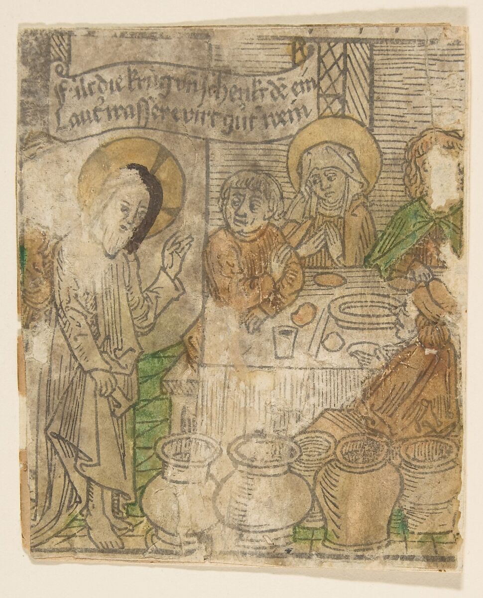 Christ at the Marriage of Cana, Anonymous, German, 15th century, Woodcut, hand-colored 