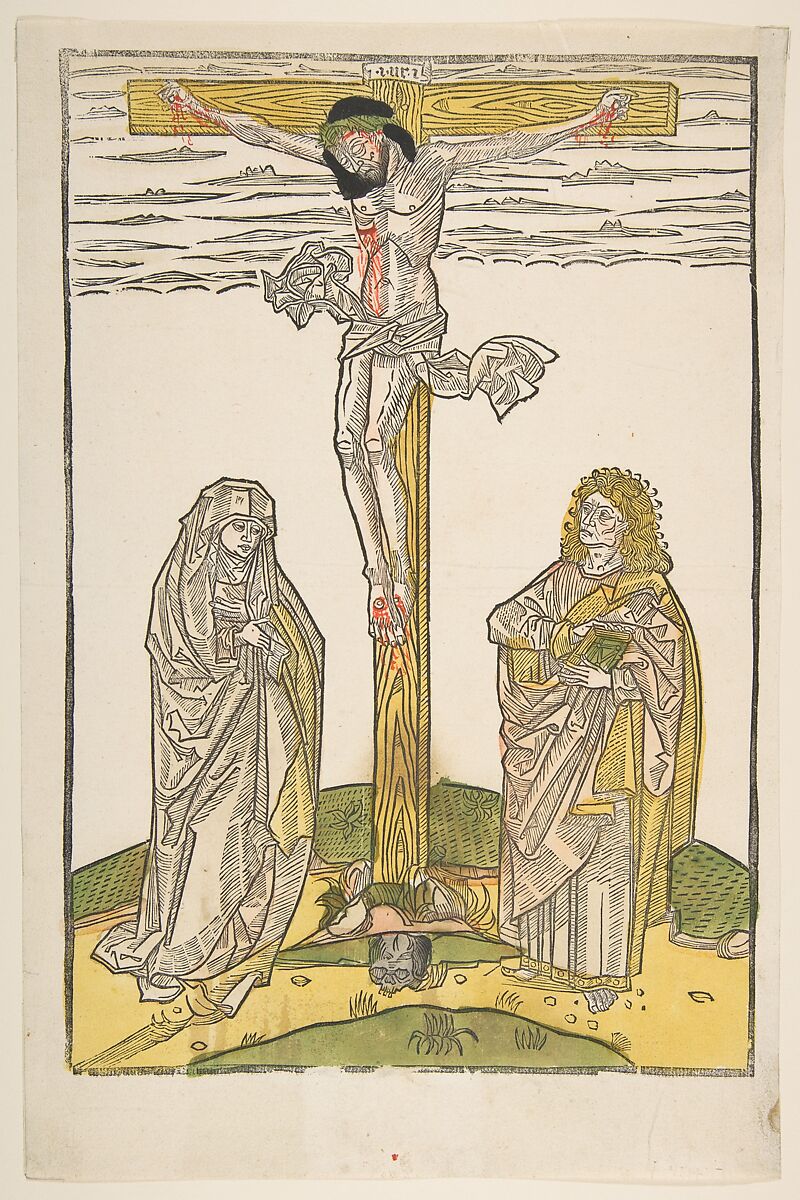 Christ on the Cross with the Virgin and Saint John, Anonymous, German, 15th century, Hand colored woodcut 