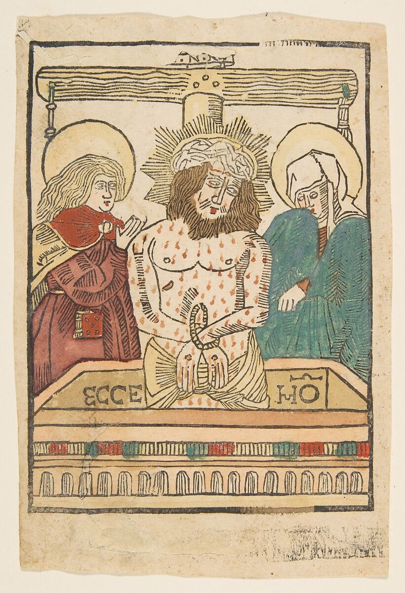 The Man of Sorrows between the Virgin and Saint John, Anonymous, German, 15th century, Woodcut, hand-colored 