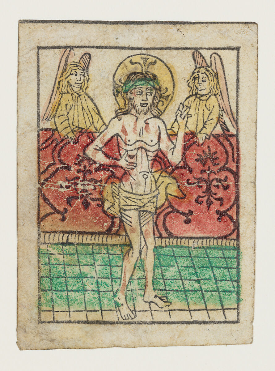 The Man of Sorrows between Two Angels, Anonymous, German, 15th century, Hand-colored woodcut