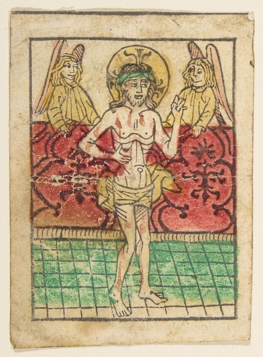 The Man of Sorrows between Two Angels, Anonymous, German, 15th century, Woodcut, hand-colored 