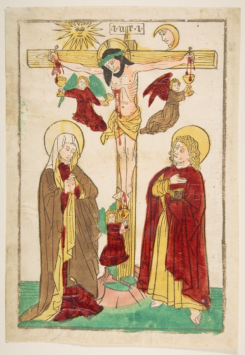 Christ on the Cross, Anonymous, German, 15th century, Woodcut, hand-colored 