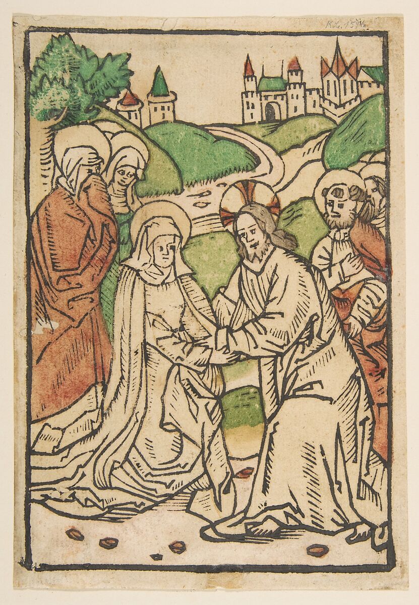 Christ Taking Leave of His Mother, Anonymous, German, 15th century, Woodcut, hand-colored 