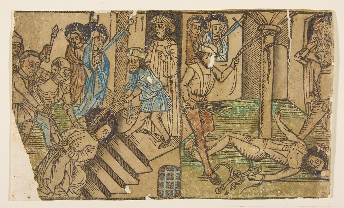 Two of the Seven Falls of Christ, Anonymous, German, 15th century, Woodcut, hand-colored 