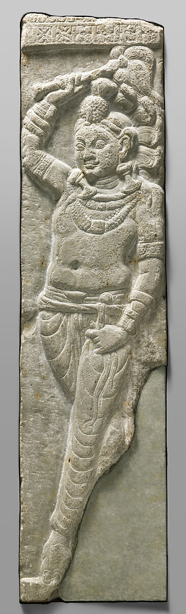 Naga attendant holding a fly whisk, Limestone, India, probably Goli, Guntur district, Andhra Pradesh 