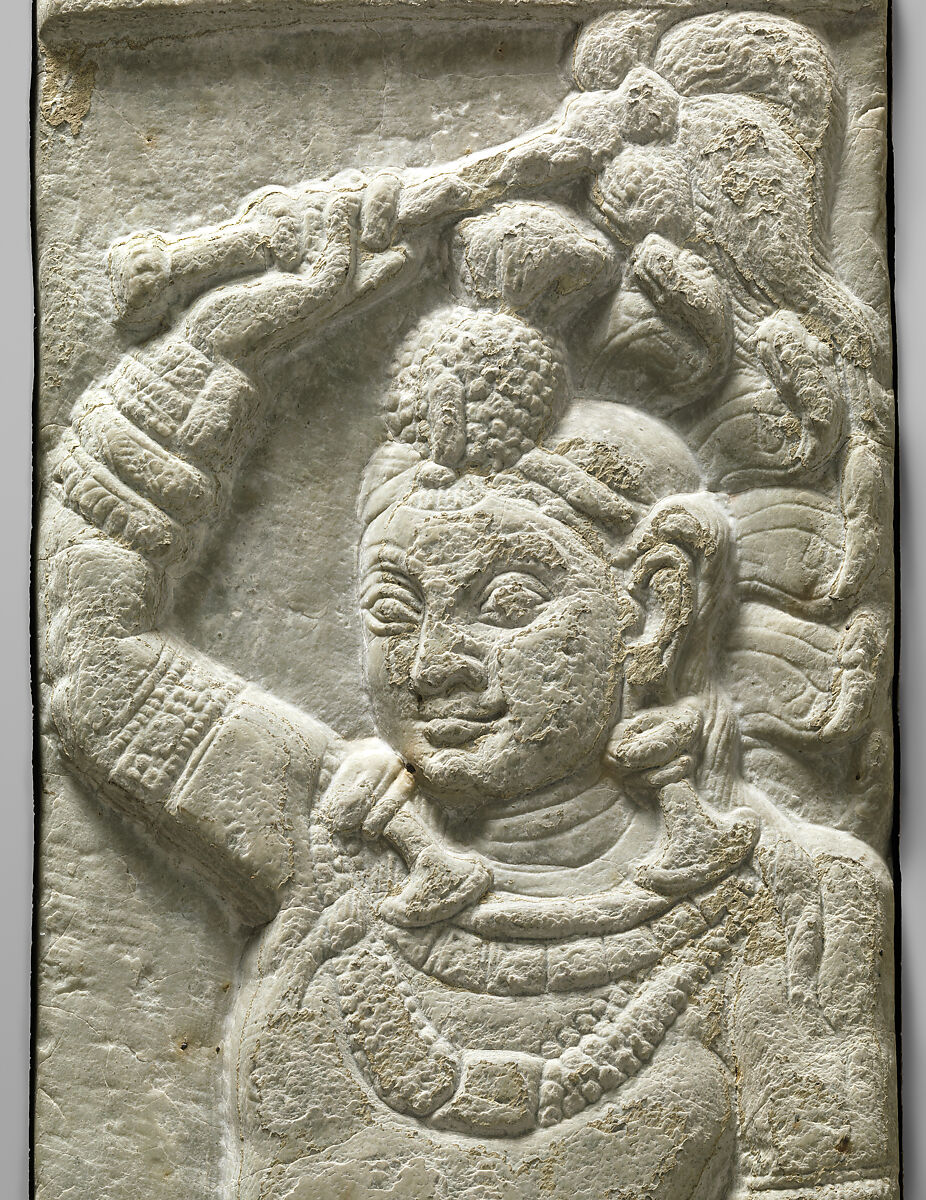 Naga attendant holding a fly whisk, Limestone, India, probably Goli, Guntur district, Andhra Pradesh