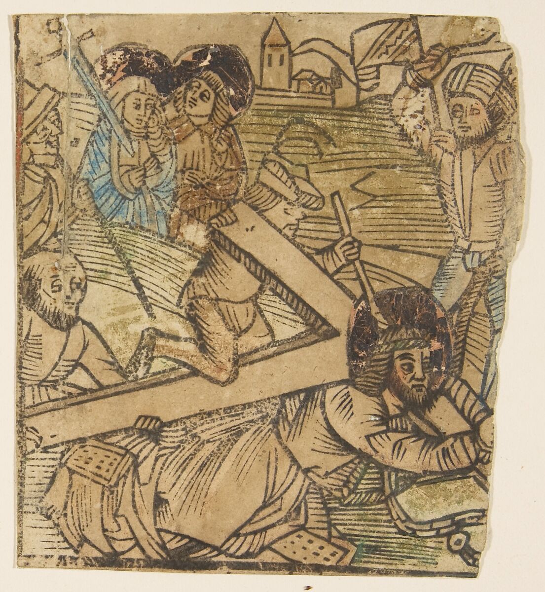 One of the Seven Falls of Christ, Anonymous, German, 15th century, Woodcut, hand-colored 