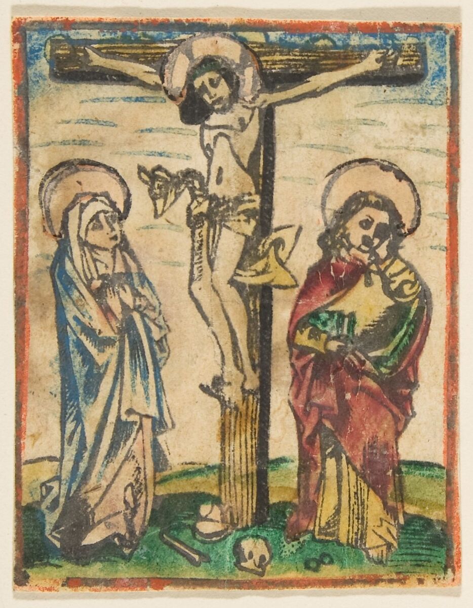 Christ on the Cross with The Virgin and Saint John, Anonymous, German, 15th century, Woodcut, hand-colored 