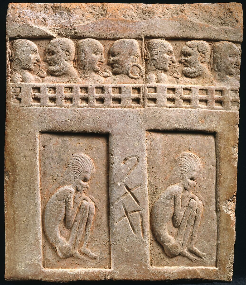 Tile with Impressed Figures of Emaciated Ascetics and Couples Behind Balconies, Terracotta, India (ancient kingdom of Kashmir, Harwan) 