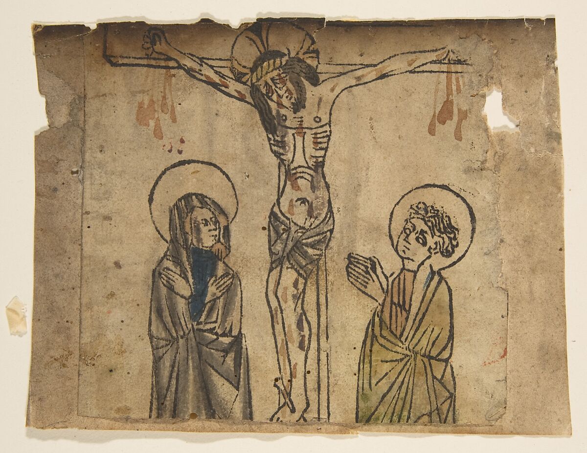 Christ on the Cross with the Virgin and St. John, Anonymous, German, 15th century, Woodcut 