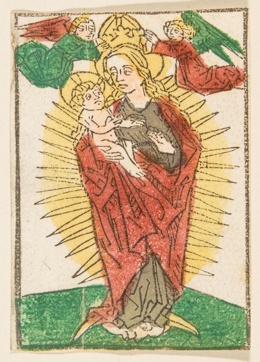 Madonna in Glory Crowned by Angels, Anonymous, German, 15th century, Woodcut, hand-colored 