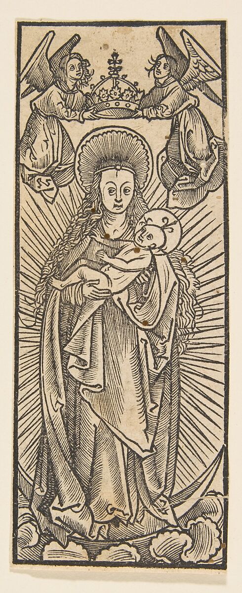 Madonna in Glory Crowned by Angels (Schr. 1111c), Anonymous, German, 15th century, Woodcut 